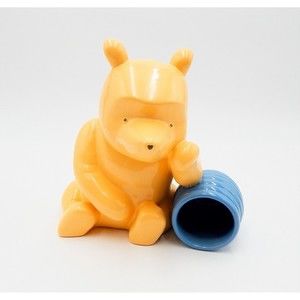 Yellow Pooh Bear Blue Pot Coin Piggy Bank Sitting 7 Inch